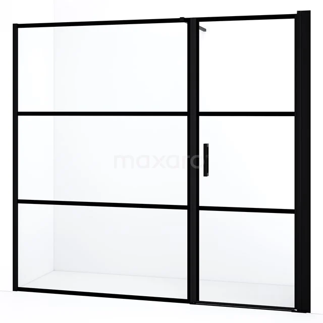 Diamond Douchedeur | 210 cm Mat zwart Helder met 4 zwarte strepen Draaideur DDC1207141118MBN Zwarte industriële douchewand met mat zwarte profielen en helder glas, perfect voor een moderne badkamerstijl.