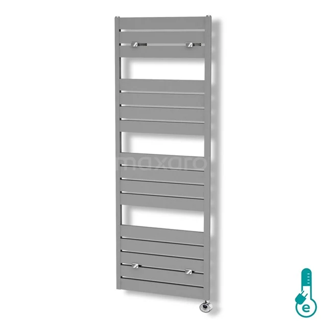 Grauer Handtuchheizkörper im modernen Design, aus Stahl, perfekt zum Trocknen von Handtüchern im Badezimmer.