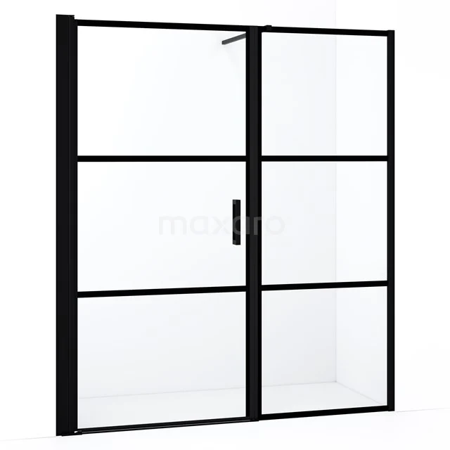 Schwarze industrielle Duschwand mit Matt Schwarz Rahmen und Klarglas, ideal als moderne Badezimmerlösung.