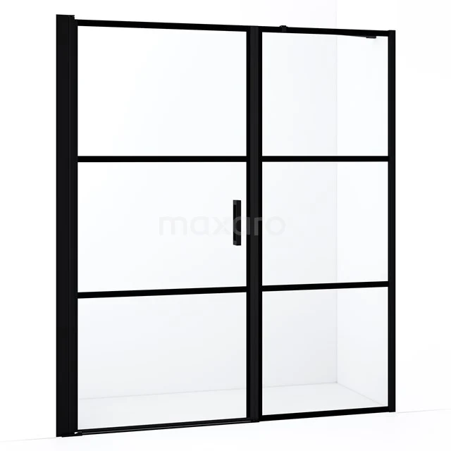 Schwarze industrielle Duschwand mit matt schwarzem Rahmen, Glasplatten und Schiebetür, ideal für einen modernen Badezimmerstil.