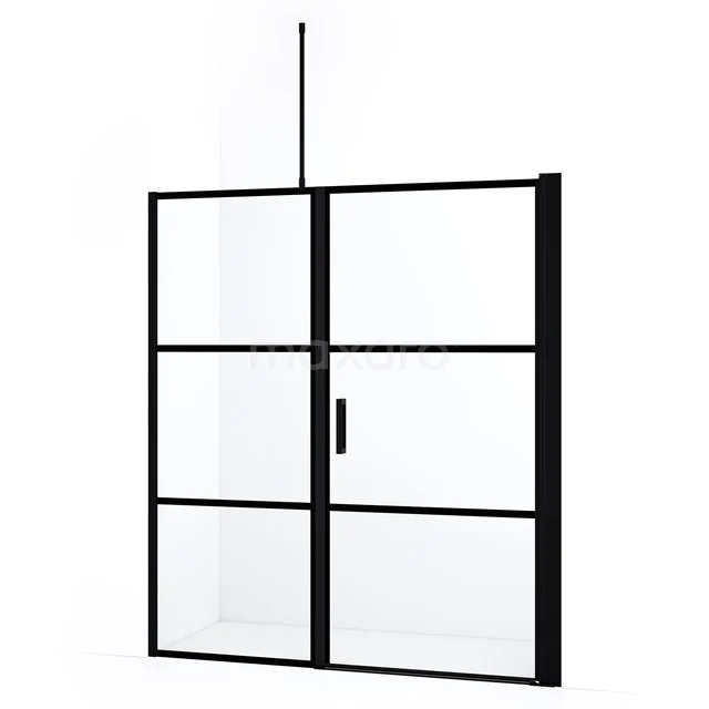 Schwarze industrielle Duschwand mit Schiebetür, quadratischen Paneelen, matt schwarzem Rahmen und minimalistischem Design für moderne Bäder.