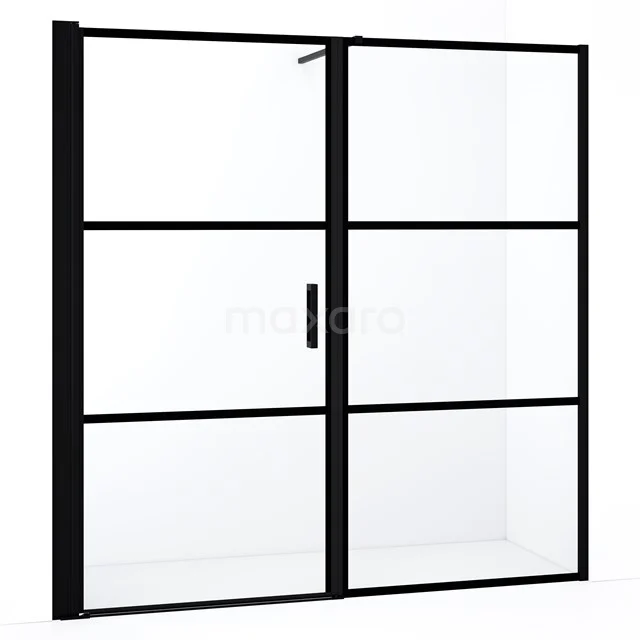 Schwarze Duschwand mit industriellem Design, matt schwarzem Rahmen, zwei Glasplatten, perfekt für einen modernen Badezimmerstil.