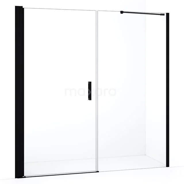 Glasene Duschwand mit schwarzen Profilen und Schiebetür, elegantes Design für moderne Badezimmerstil.