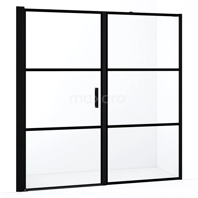 Schwarze industrielle Duschwand mit Schiebetür, Matt Schwarz Rahmen und Klarglas, ideal für ein stilvolles Badezimmer.