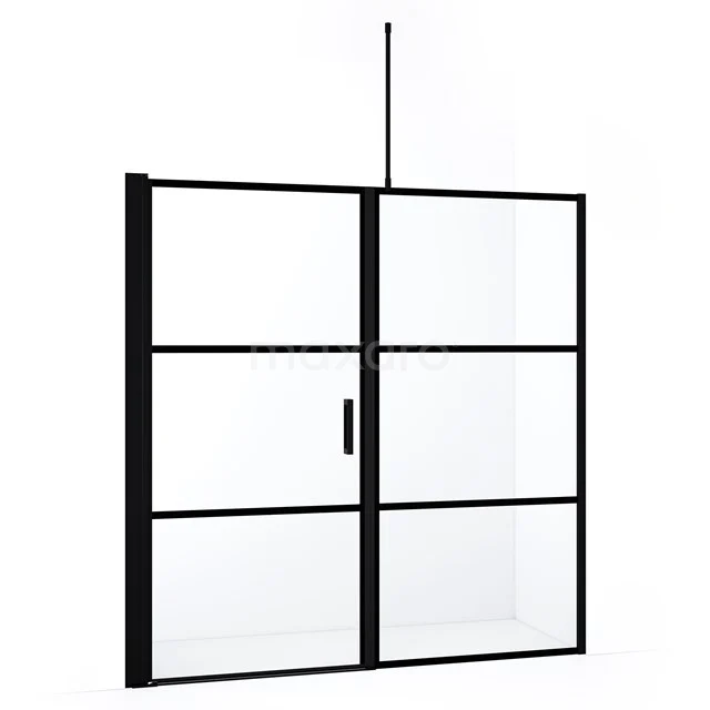 Schwarze industrielle Duschwand mit mattem Rahmen und Klarglas, perfekt für eine moderne Badezimmer Einrichtung.