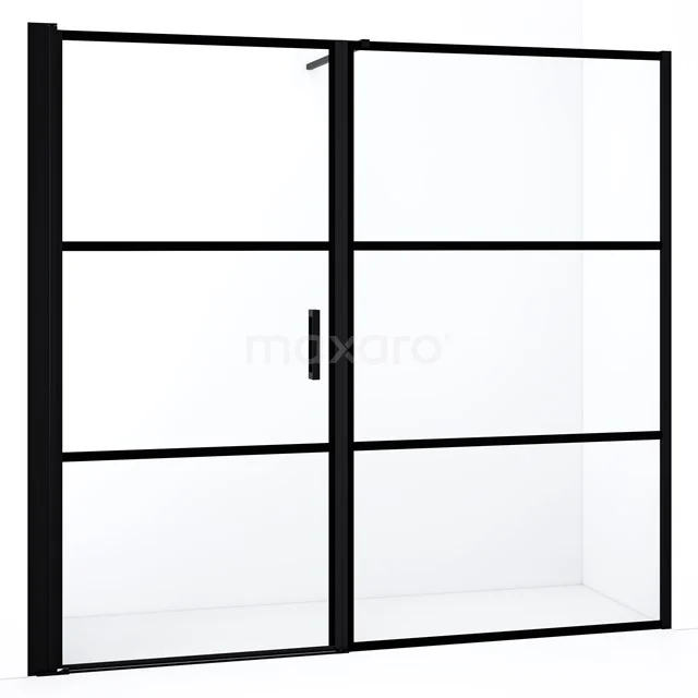 Schwarze industrielle Duschwand mit mattem Rahmen und Klarglas, passt perfekt in einen modernen Badezimmerstil.