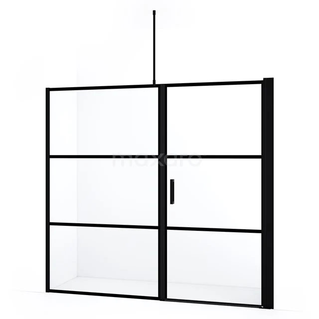 Schwarze Stahl-Duschwand mit Schiebetür, industrieller Look, Klarglas, geeignet für moderne Bäder.