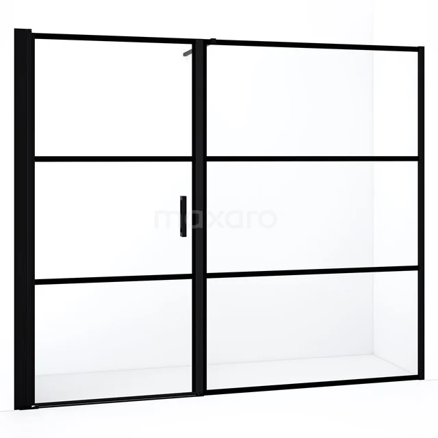 Diamond Duschtür | 240 cm Matt Schwarz Klar mit 4 schwarzen Streifen Drehtür DDC1110141118MBN Schwarze industrielle Duschwand mit Glasplatten und Metallrahmen, perfekt für einen modernen Badezimmerstil.