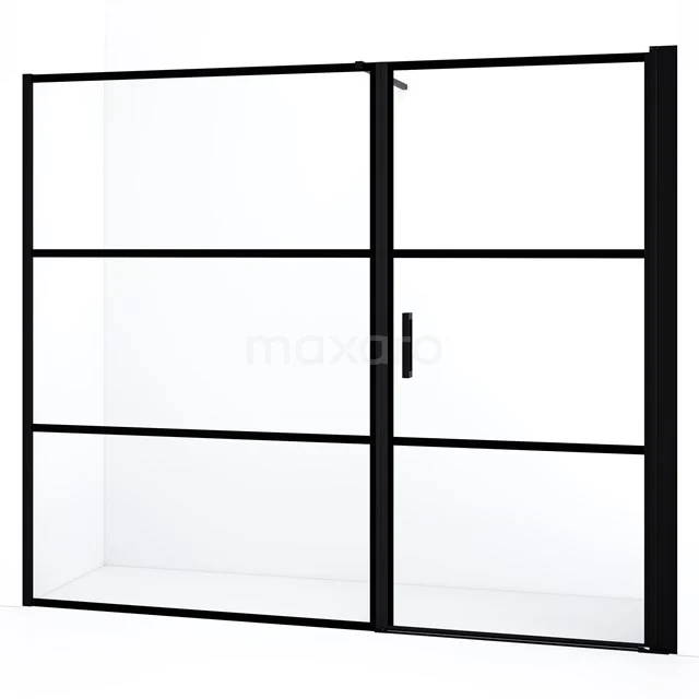 Matt Schwarz industrielle Duschwand mit Stahlrahmen und Klarglas, perfekt für moderne Bäder.