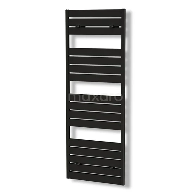 Schwarzer rechteckiger Handtuchheizkörper mit horizontalen Lamellen, ideal für moderne Badezimmerheizung, hergestellt aus hochwertigem Stahl.