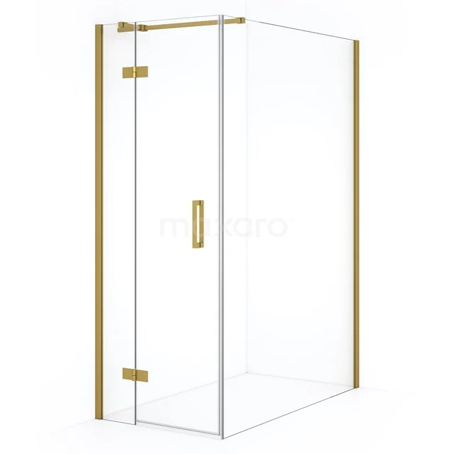 Shower enclosure with gold-coloured accents and hinges, modern design for a luxurious bathroom look.