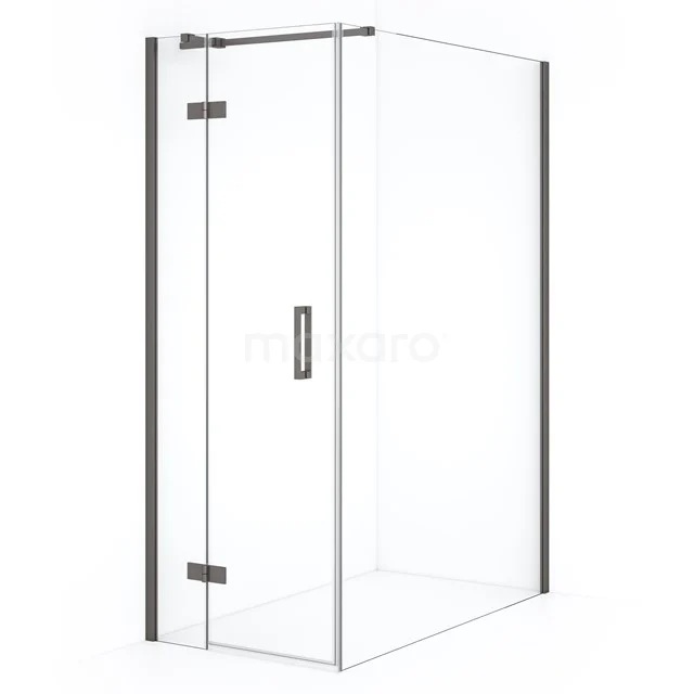 Clear glass shower screen with chrome hinges, corner design and pivot door; ideal for modern bathroom styles.