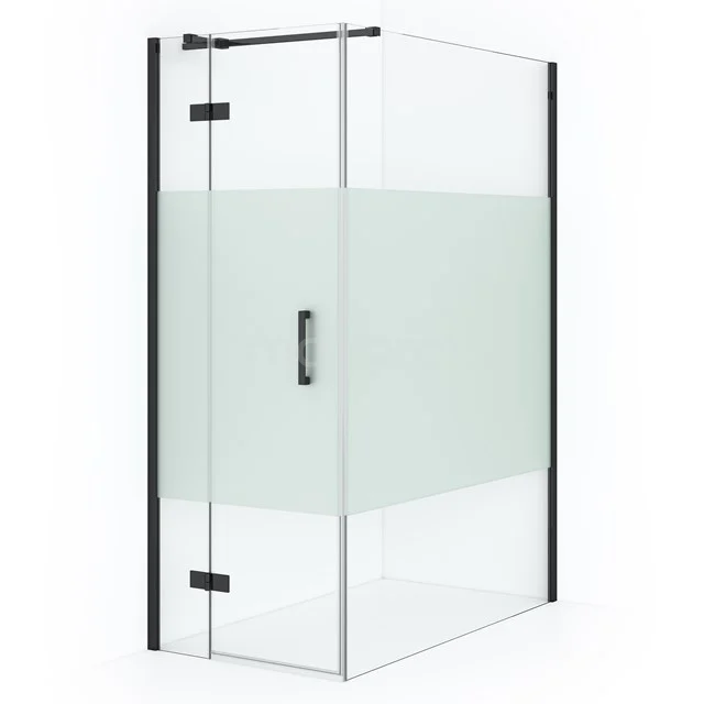 Diamond Shower cabin | 140x90 cm Black chrome Clear with matt strip Pivot door Rectangle CDB213614313BCN Shower enclosure with frosted glass design, corner model with black profiles and pivot door, ideal for a modern bathroom.