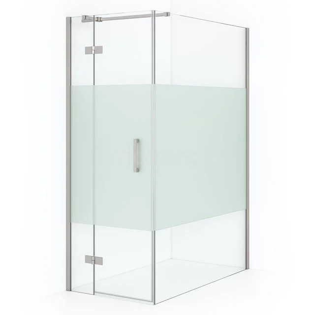 Luxury glass shower enclosure with frosted glass strip, stainless steel hinges and a modern look for any bathroom.