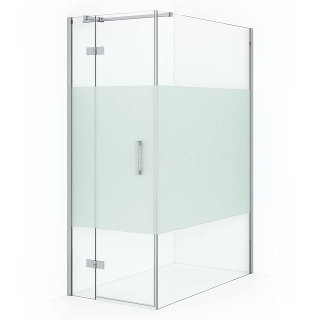 Glass shower enclosure with matte white panel, angular design and stainless steel accents for a modern bathroom interior.