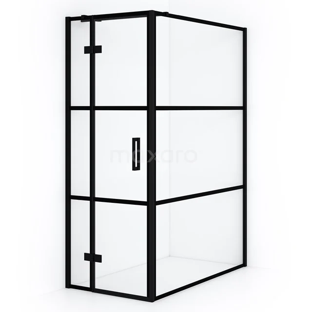 Industrieel design Duschkabine mit Schwarz Rahmen, Eckmodell, Klarglas und Scharnier Tür für ein modernes Badezimmer.
