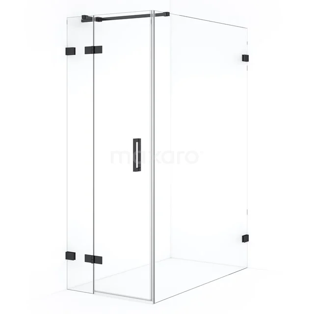 Glass shower enclosure with corner step, rectangular design and black hinges, ideal for a stylish bathroom.