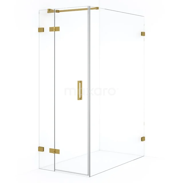 Glass shower enclosure with gold accents, pivot door and corner shape, perfect for a stylish and modern bathroom layout.