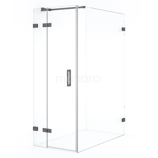 Diamond Shower cabin | 140x90 cm Black metal Clear glass Pivot door Rectangle CDB213614320ZM Shower enclosure with clear glass walls, chrome hinges and square door handle, ideal for a modern bathroom.