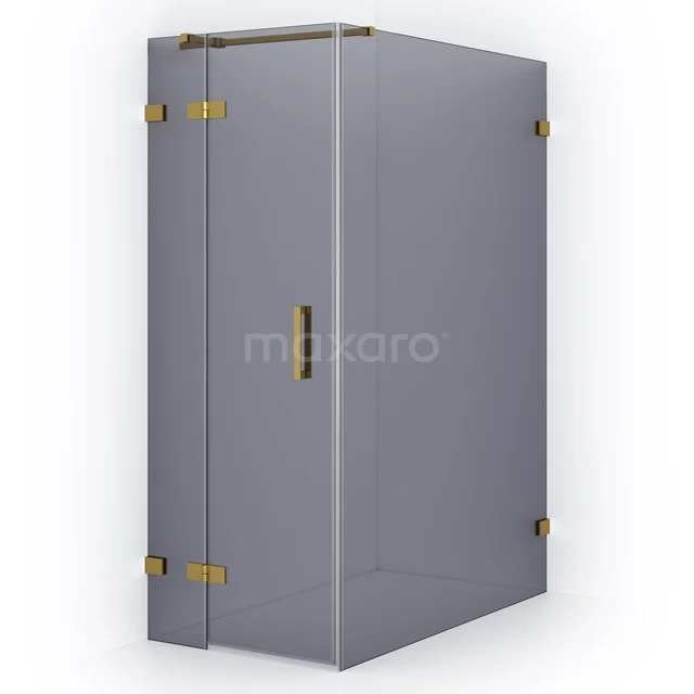 Grey glass shower enclosure with brass hinges and Handle, luxury bathroom design.
