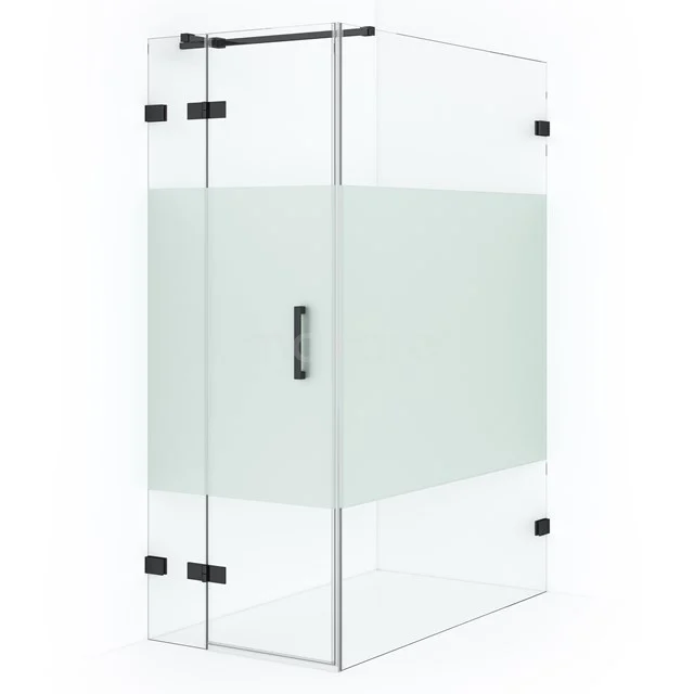Modern glass shower enclosure with frosted strip, square design, black fittings, ideal as a stylish bathroom transition.