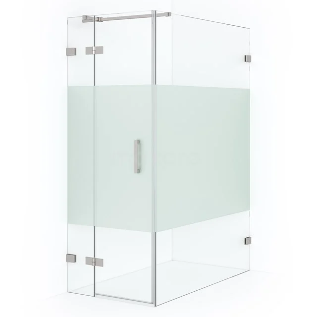 Glass shower enclosure with frosted glass strip, corner model, hinged doors and stainless steel accents for a modern bathroom.