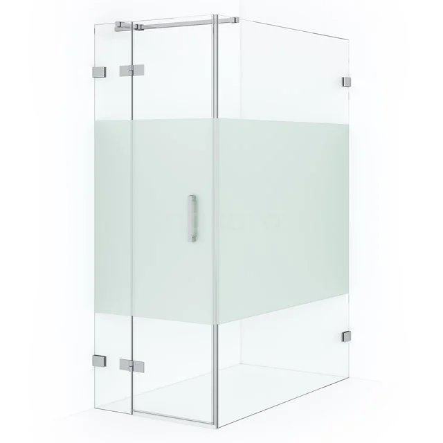 Glass corner shower cabin with matte white strip, stainless steel hinges, modern design, ideal for a stylish bathroom.