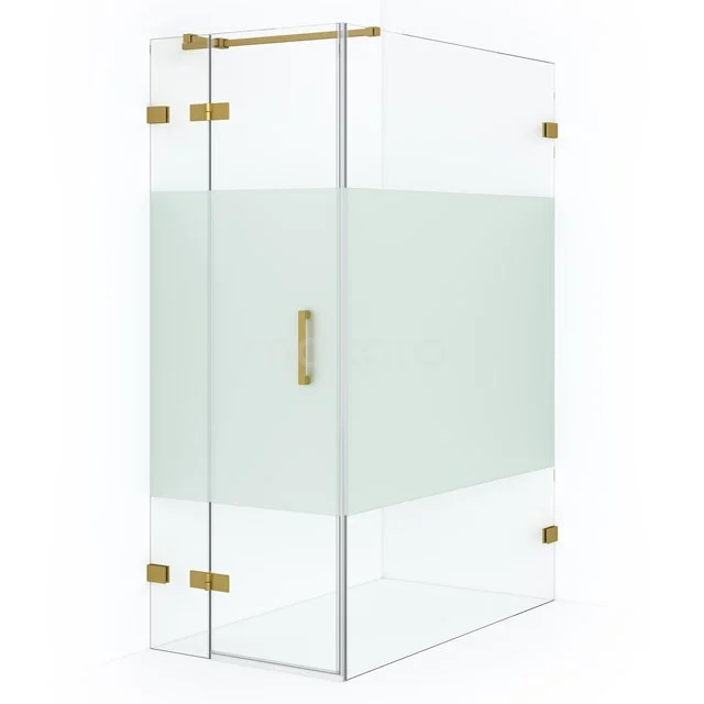 Glas Duschkabine mit Gold Scharnieren, matt Glas Streifen und straffen Linien, ideal für ein modernes Badezimmer.