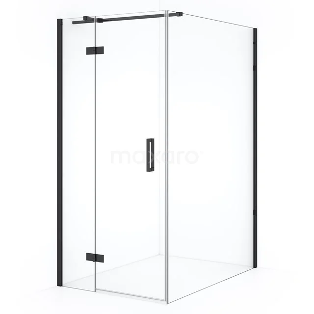 Glass shower enclosure with black profiles and pivot door, modern design for a stylish bathroom.