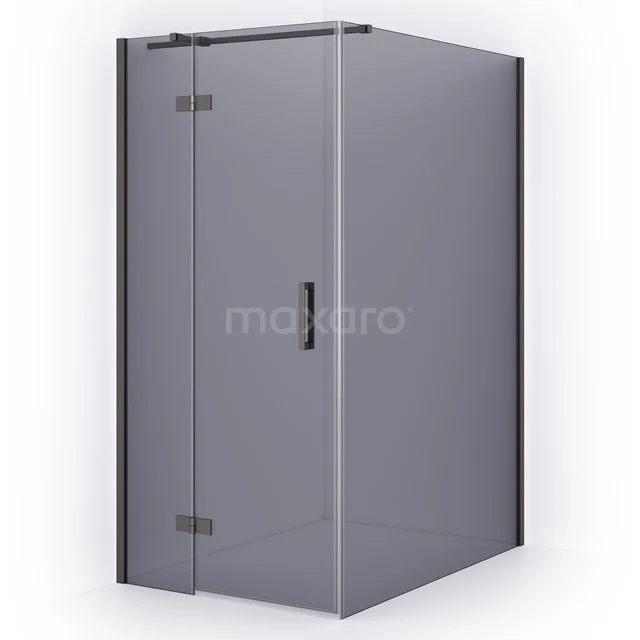 Corner shower cabin in clear glass with matt black profiles, pivot door and minimalist design for a modern bathroom.