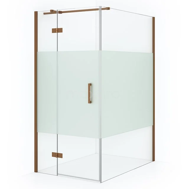 Diamond Shower cabin | 140x100 cm Copper Clear with matt strip Pivot door Rectangle CDB214614313KP Shower enclosure with clear and frosted glass, stainless steel accents and wood-look profiles, perfect for a modern bathroom.