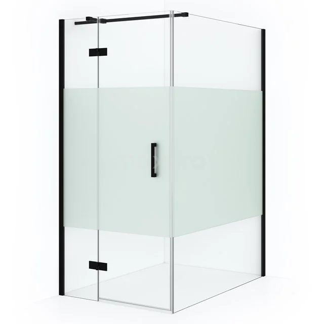 Shower enclosure with frosted glass, black frame and hinged door. Modern design for a stylish bathroom.