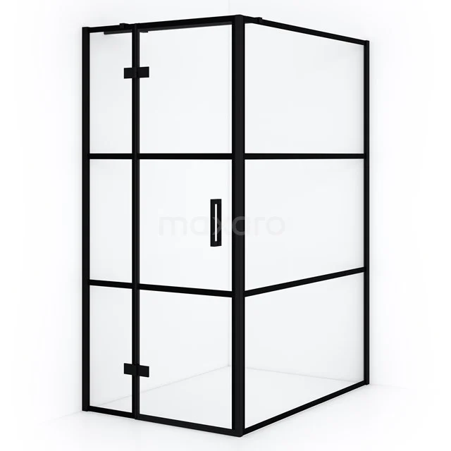 Black industrial shower enclosure with glass panels and matte black profiles, perfect for a modern bathroom design.