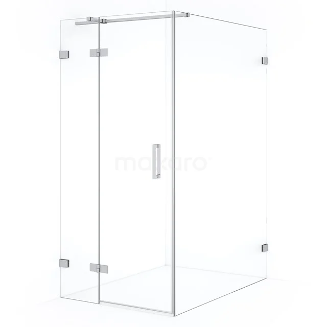 Clear glass shower enclosure, corner model with hinged doors, stainless steel accents, ideal for modern bathrooms.