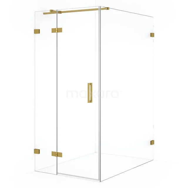 Glass shower enclosure with gold details, corner model, modern design, perfect for a stylish bathroom.
