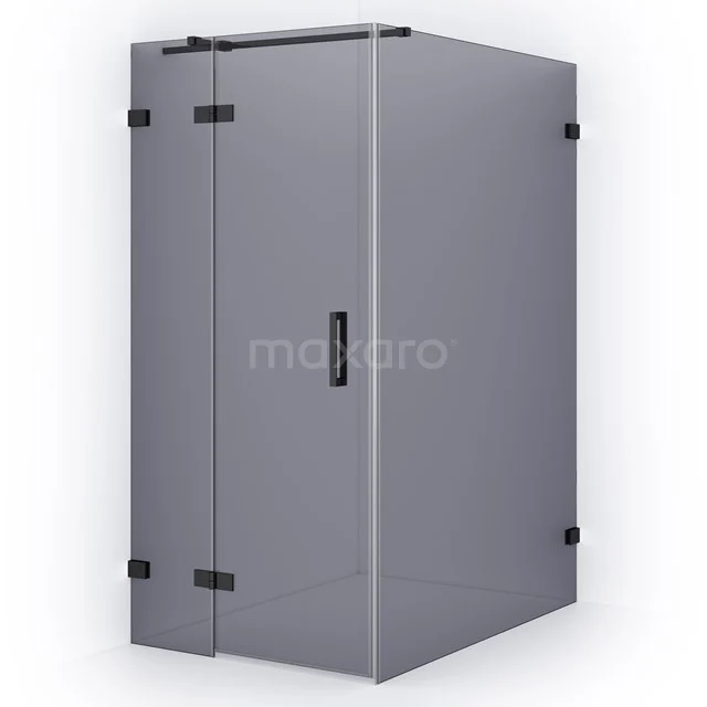 Graue Glas-Duschkabine mit matt schwarzen Scharnieren und Haltegriff, modernes Design, ideal für ein stilvolles Badezimmer.