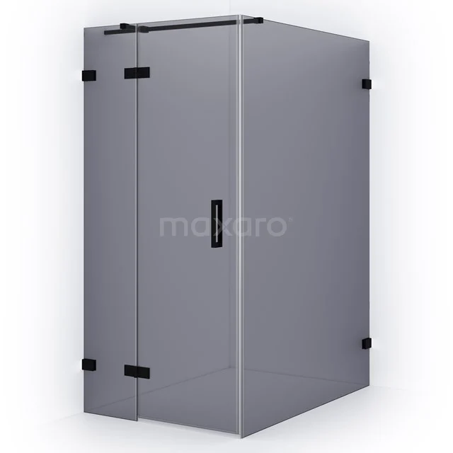 Corner shower cabin grey glass with black hinges, sleek design, ideal for modern bathrooms.
