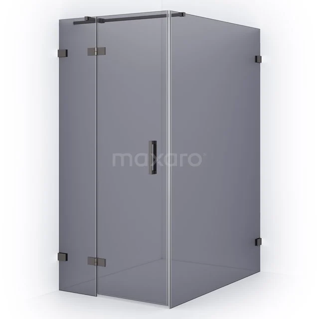 Grey frosted glass shower enclosure with black metal hinges, modern corner shape, ideal for stylish bathroom design.