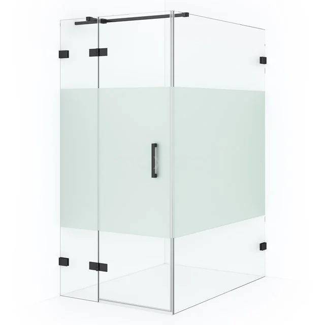 Diamond Shower cabin | 140x100 cm Black chrome Clear with matt strip Pivot door Rectangle CDB214614323BC Shower enclosure with matte white strip, corner model with black metal hinges, perfect for a modern bathroom.