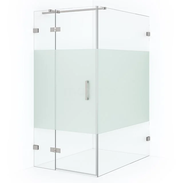 Glass shower enclosure with frosted pattern, corner model, transparent glass, stainless steel hinges and modern look.