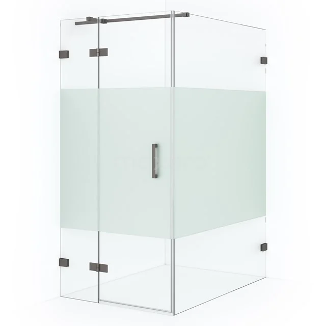 Diamond Shower cabin | 140x100 cm Black metal Clear with matt strip Pivot door Rectangle CDB214614323ZM Glass shower enclosure with frosted glass accent, square design, and sturdy metal hinges, ideal for a modern bathroom.