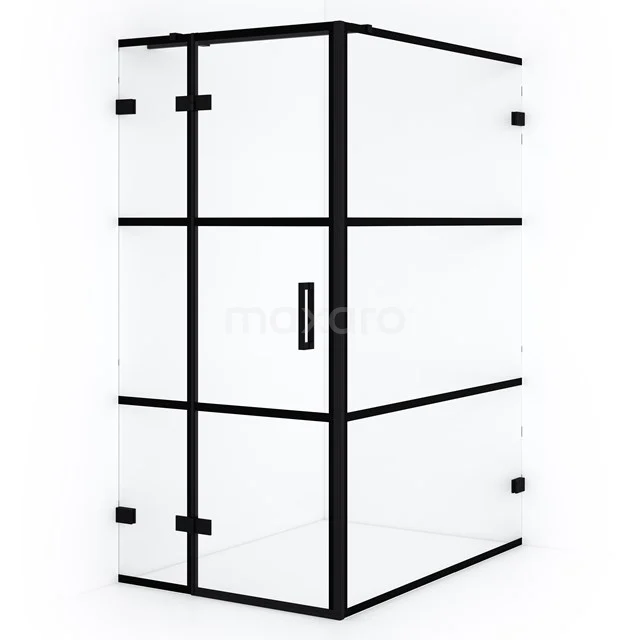 Black industrial shower enclosure with transparent glass and steel frame, perfect addition to a modern bathroom.