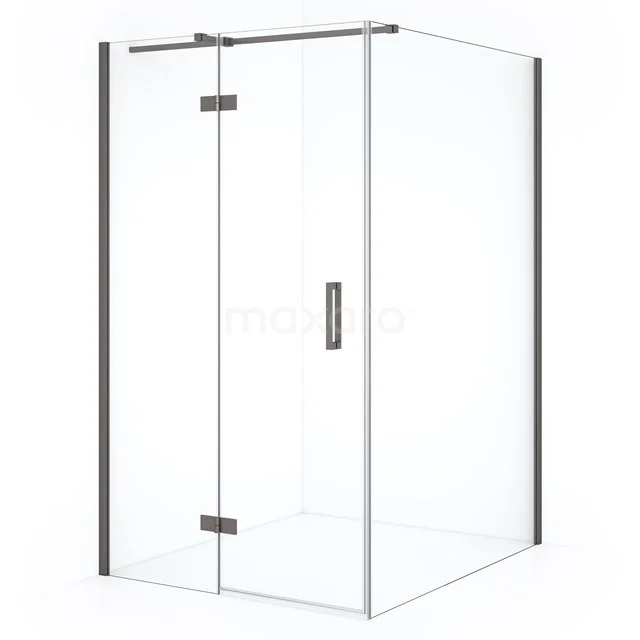 Shower enclosure corner glass clear glass with black frame, minimalist design for a modern bathroom.