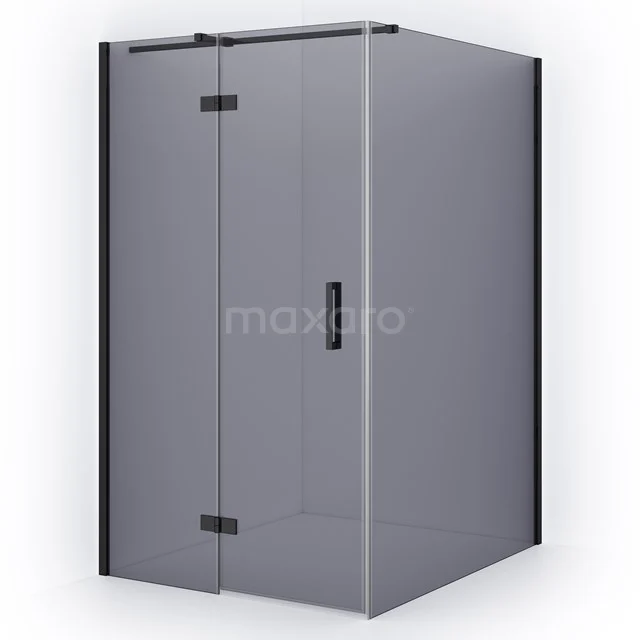 Matte schwarze Ecke-Duschkabine aus Glas mit Scharnier-Türen, ideal für einen modernen Badezimmer-Stil.