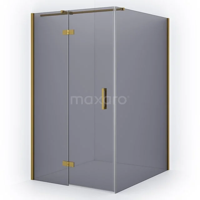 Glass corner shower cabin with gold accents, minimalist design, ideal for a modern bathroom.