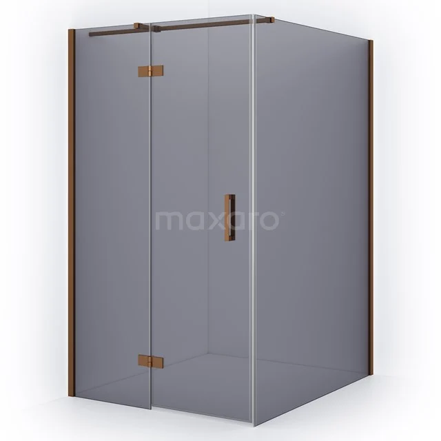 Frosted glass shower enclosure with bronze details, sleek design and corner step, perfect for a stylish bathroom.