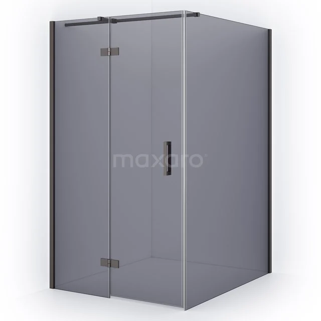 Corner shower cabin made of glass with frosted black accents and pivot doors, ideal for a modern bathroom design.