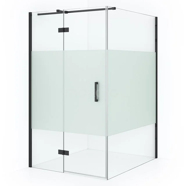 Eckdusche mit Mattglas, schwarzem Metallrahmen und modernem Finish; perfekt für ein stilvolles Badezimmer.