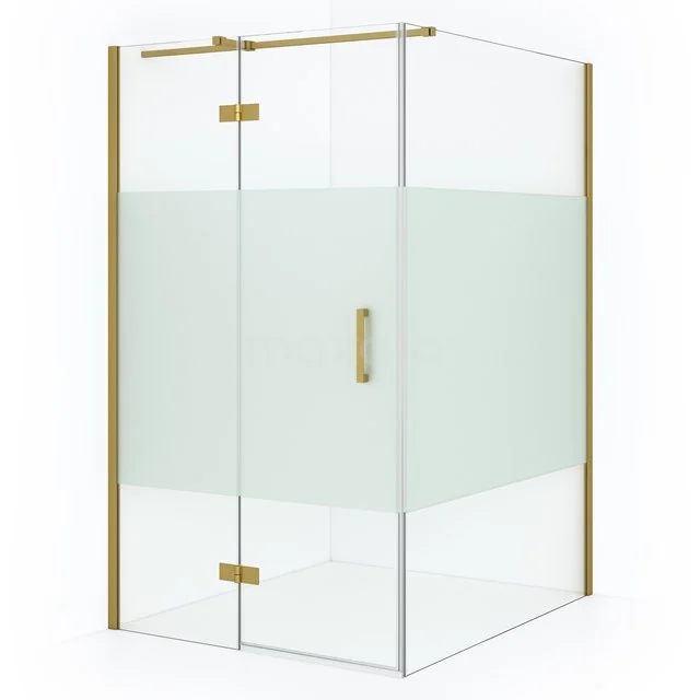 Glass shower enclosure with frosted centre panel, gold-coloured profiles and pivot door, perfect for stylish bathroom design.