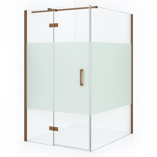 Diamond Shower cabin | 140x120 cm Copper Clear with matt strip Pivot door Rectangle CDB216614313KP Shower enclosure with frosted glass panel, gold details and sliding door. Stylish addition for a modern bathroom.